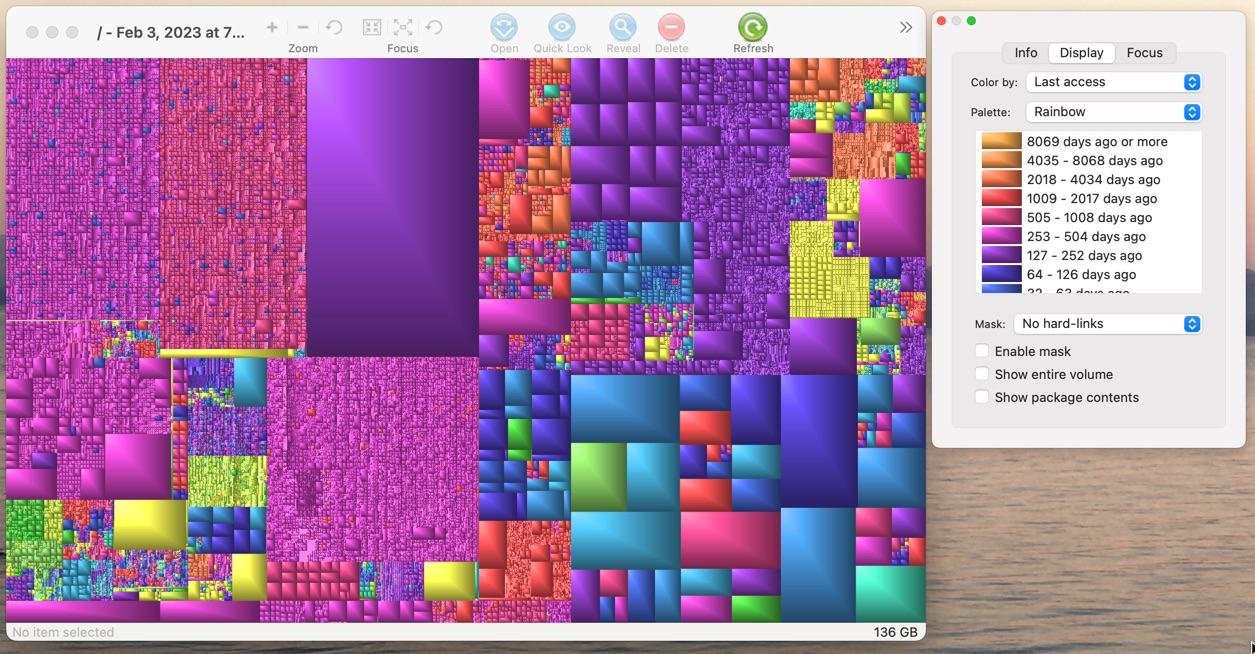 A screenshot showing a rectangular window with many squares of different sizes and colors. on the right is a dialog box showing a legend where the colors correspond to different lengths of time since a file was last accessed.